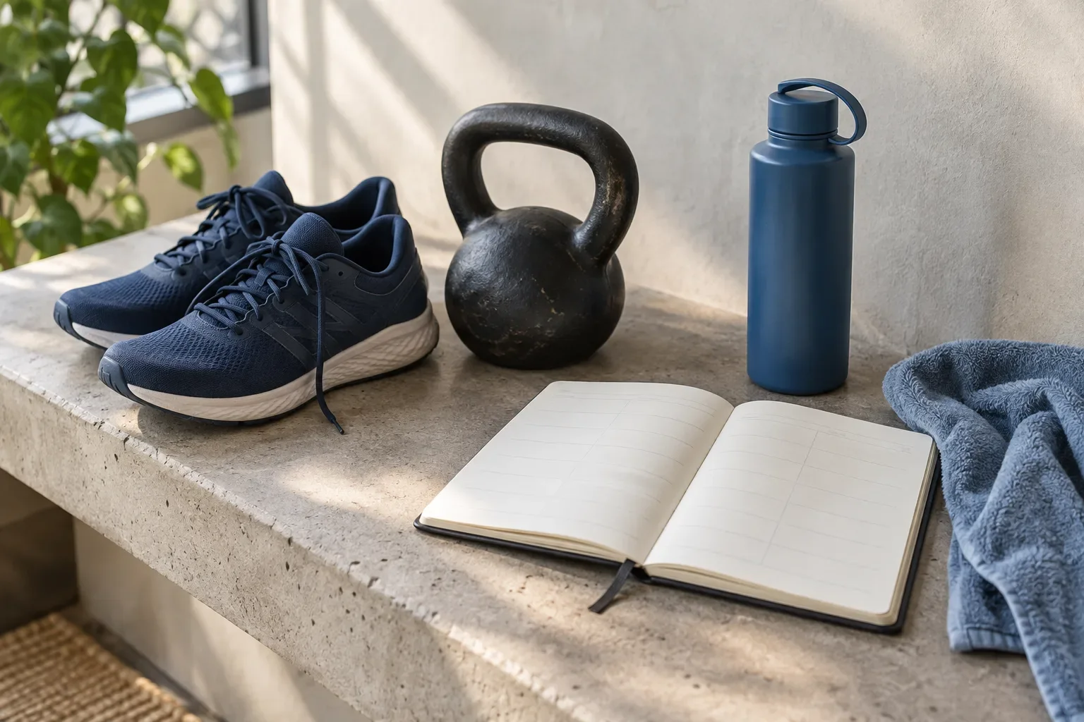 Training shoes, kettlebell, water bottle and open notebook in natural light